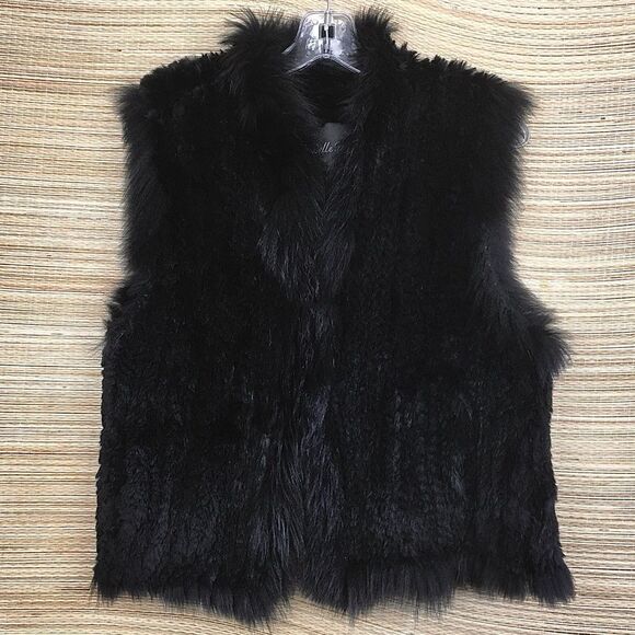 BELLE FARE COPENHAGEN KNIT REAL REX FUR VEST WITH RACCOON TRIM IN BLACK Size S - Picture 5 of 11
